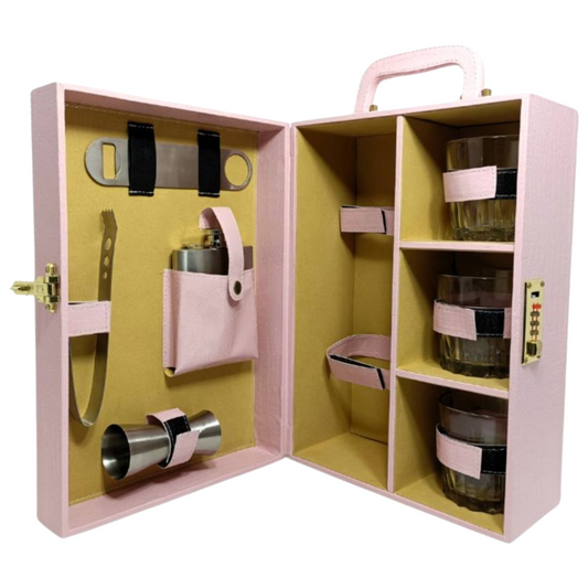 Bar Hub Croco Pink 3-Glass Wine Box – 1-Piece Bar Set (Wooden, Stainless Steel)