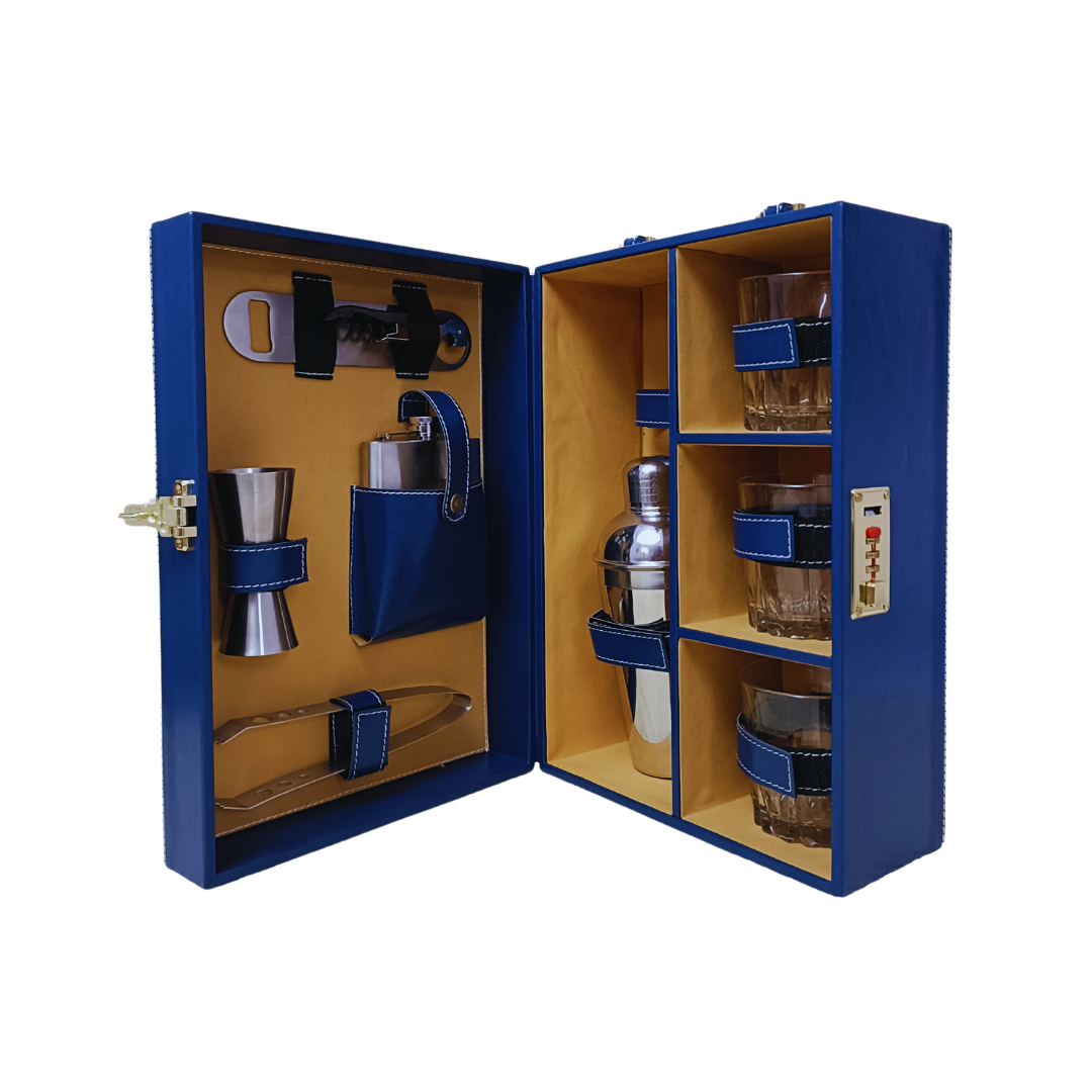 Navy blue 3 glass wine box with durable leather cover and velvet interior.